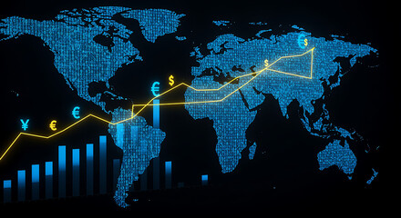 world map and binary code, Financial market digital graph with blue neon bars and yellow lines on dark virtual background, showing stock growth and currency exchange concept. 3D Rendering