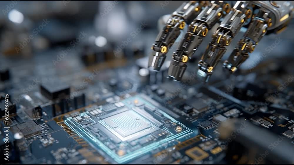 Aufkleber a robotic hand interacting with a computer chip on a circuit board.
