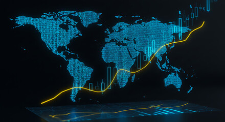 world map and binary code, Financial market digital graph with blue neon bars and yellow lines on dark virtual background, showing stock growth and currency exchange concept. 3D Rendering