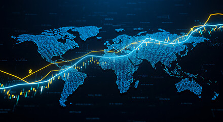 world map and binary code, Financial market digital graph with blue neon bars and yellow lines on dark virtual background, showing stock growth and currency exchange concept. 3D Rendering
