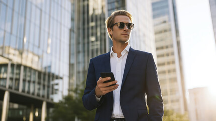 Confident Businessman in Modern Cityscape Using Smartphone During Sunset, Professional Corporate Attire for Urban Leadership and Technology Connectivity