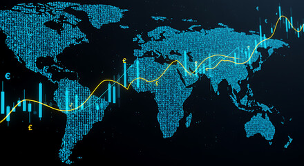 world map and binary code, Financial market digital graph with blue neon bars and yellow lines on dark virtual background, showing stock growth and currency exchange concept. 3D Rendering