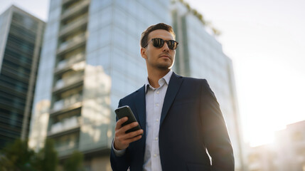 Business Professional Woman in Modern Urban Setting Using Smartphone, Reflecting Corporate Success and Technology Trends