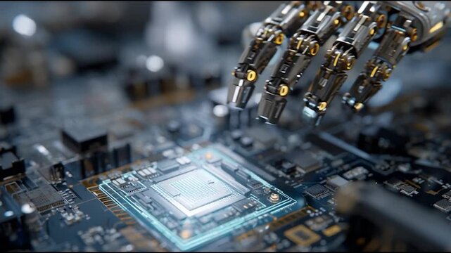 A robotic hand interacting with a computer chip on a circuit board.