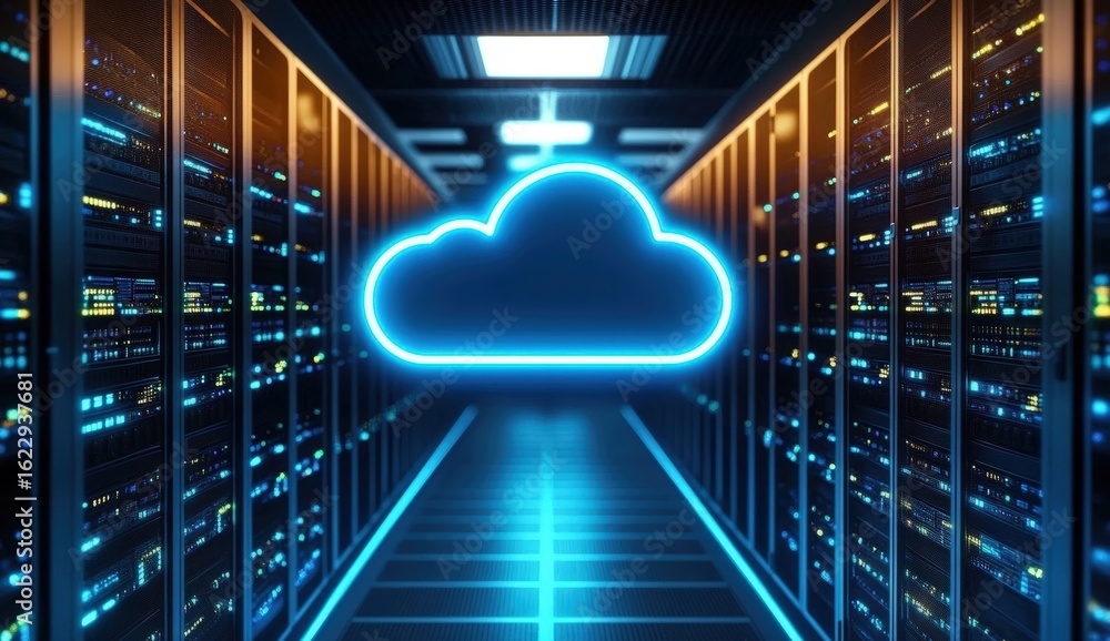 Poster a futuristic data center corridor with illuminated servers and a glowing cloud symbol, representing 