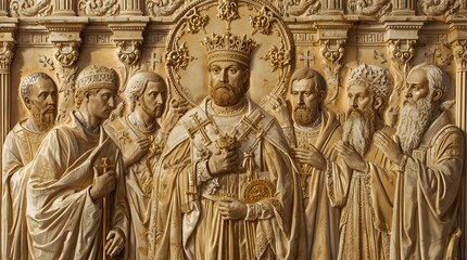 Ancient Carving of a King with Priests and Monks