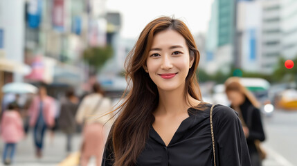 Portrait of a Smiling Young Woman in Urban Street Setting with Modern Cityscape Background