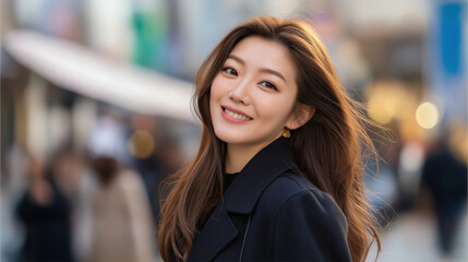 Professional Young Woman Smiling Outdoors in Business Attire on Urban Street, Bright Natural Light, Friendly Expression