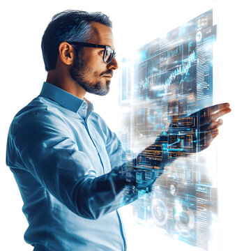 Confident businessman analyzing futuristic holographic data interface, driving innovation and future success