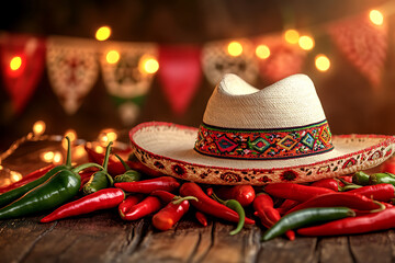 Traditional mexican fiesta with sombrero and spicy peppers