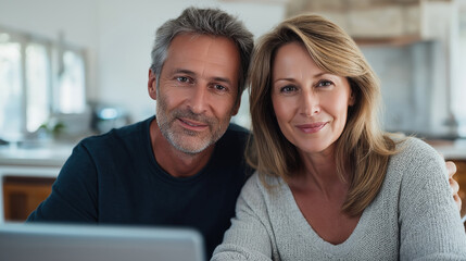 Happy Mature Couple Using Laptop at Home, Engaging in Online Activities, Smiling Together, Cozy Modern Living Room, Lifestyle and Technology Concept