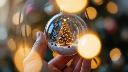 Magical Christmas: Holding a glass bauble reflecting a festive Christmas tree - Powered by Adobe