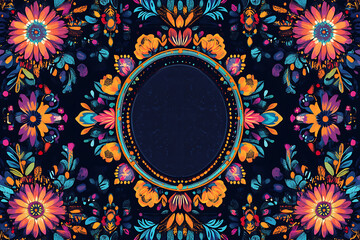 Oval frame surrounded by vibrant floral symmetry