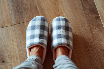 Cozy Comfort: A close-up shot of a person's feet comfortably encased in soft, patterned slippers, showcasing the texture of the fabric and the warm embrace of relaxation.
