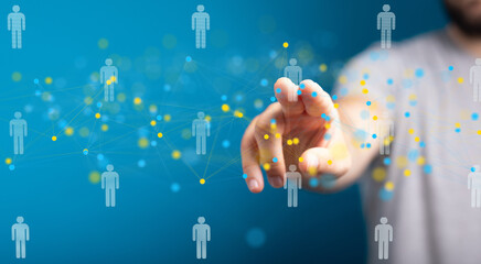 A hand interacts with a network of people, symbolizing global connections and teamwork.
