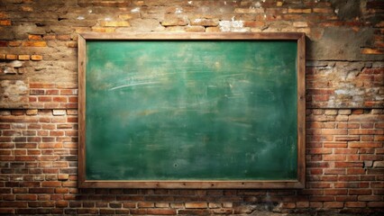 Aged green chalkboard on rustic brick wall background, perfect for adding your text or design.
