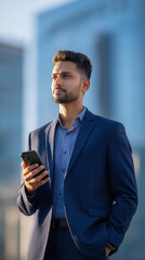 Professional Businessman Using Smartphone Outdoors in Modern Urban Environment for Corporate and Technology Themes