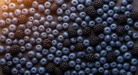 Fresh blueberries and blackberries on dark wood
