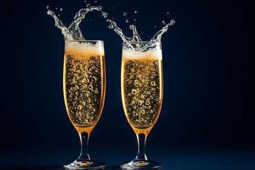 Champagne Flutes With Vibrant Splashes Against Dark Bokeh Background