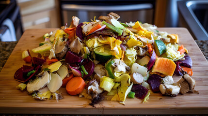 Culinary Compost: A close-up capture of kitchen vegetable scraps gathered artfully on a wooden cutting board, ready to be composted. It represents sustainable practice in the kitchen. 