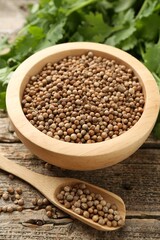 Fresh cilantro and coriander seeds on wooden table, closeup