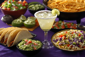 Delicious mexican feast with tacos guacamole and margarita
