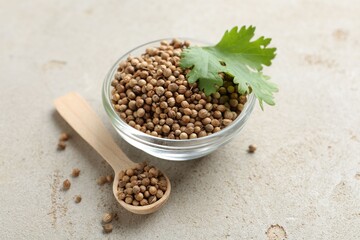 Coriander seeds in bowl, spoon and fresh cilantro leaf on color textured table, closeup