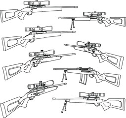  A detailed and dynamic vector illustration showcasing a variety of high-powered sniper rifles and hunting firearms, each with a mounted telescopic sight and bipod.
