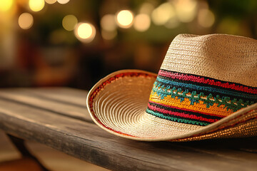 Woven straw cowboy hat with colorful band on wooden table