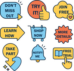 "Hand-Drawn Call-to-Action Icon Set Featuring Don't Miss Out, Try It, Join Free, Shop Now, Learn How, Free Trial, Notify Me, and More for Digital Marketing, Web Design, Ecommerce, and Social Media – C