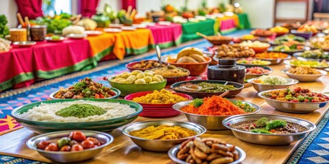 Fototapeta premium Colorful food spread on a large table in a community hall, with various dishes and utensils scattered around, cultural celebration, shared meal