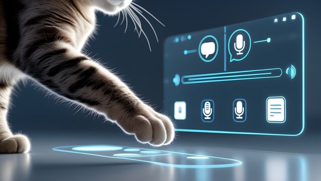 AI Cat Assistant Interface with Generative Tools Icons for Text, Voice, and Media Innovation