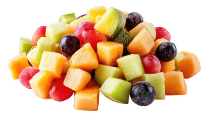 Fresh fruit salad featuring a colorful mix of melons, berries, and grapes on a white background