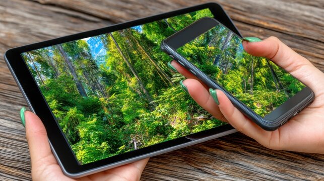 Woman holding smartphone and tablet displaying lush green forest scenery