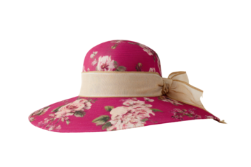 Pink floral wide-brimmed hat with cream ribbon