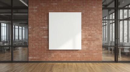 Blank vertical poster mock up on the red brick wall in office interior. 3d illustration