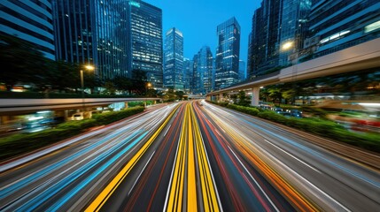 Fototapeta premium Cityscape with illuminated skyscrapers and busy highway with light trails at night