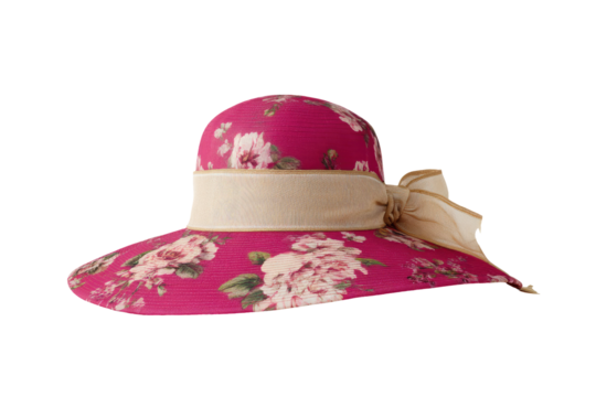 Pink floral wide-brimmed hat with cream ribbon
