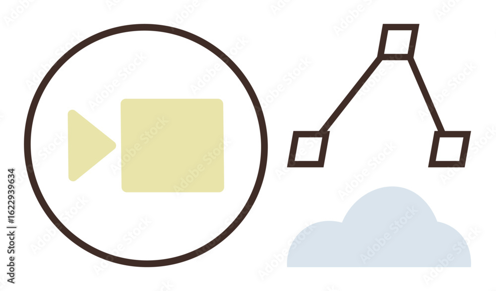 Poster simplistic design featuring a video play signal, a triangular connectivity symbol, and a soft cloud 