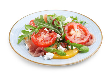 Tasty salad with arugula, cheese, tomatoes, nuts and prosciutto isolated on white