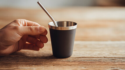 Mate and Hand on a Wooden Table: A person's hand gently reaches towards a matte black tumbler, containing a refreshing beverage, alongside a sleek, silver metal straw.