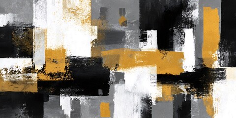Bold abstract brushstrokes in gold, black, white, and grey create a dynamic modern composition