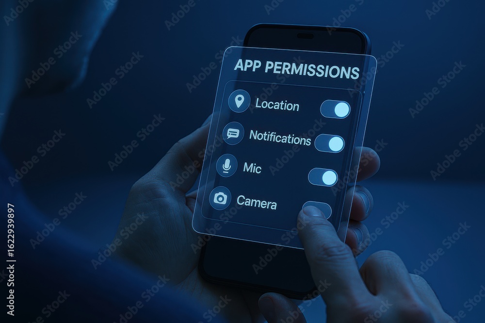 Poster smartphone screen showing app permission settings including location, mic, notifications, and camera