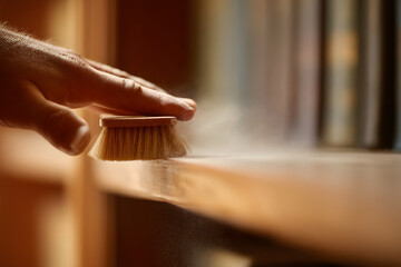 Dusting Serenity: A close-up shot captures a hand delicately dusting a wooden surface, revealing the subtle dance of dust motes in the light.