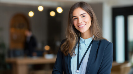 Professional Businesswoman Smiling in Modern Office Environment, Corporate Female Leader with Confident Expression, Business Success and Workplace Confidence