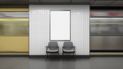 Blank vertical poster mock up on the wall of underground subway station