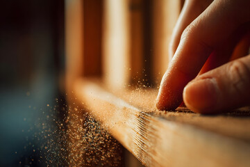 Woodworking Craft: A close-up of a skilled craftsman's hand meticulously gliding along a wooden surface, showcasing the beauty of woodworking.