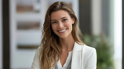 Professional Businesswoman Smiling in Modern Office Environment for Corporate, Marketing, and Networking Visuals