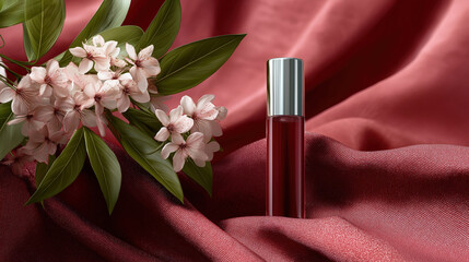 Elegant Floral Composition with Lipstick on Luxurious Satin Fabric for Beauty and Fashion Marketing
