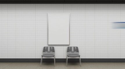 Blank vertical poster mock up on the wall of underground subway station